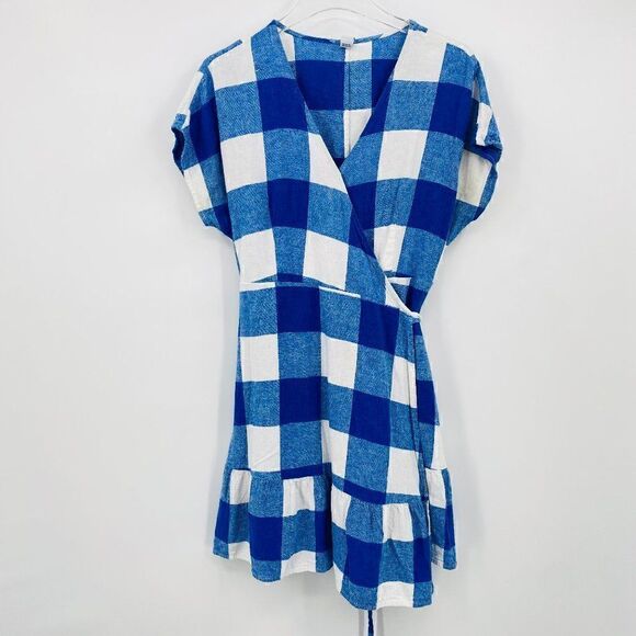 Old Navy Size Large Petite LP Blue & White Plaid Linen Summer Wrap Dress - Picture 5 of 14